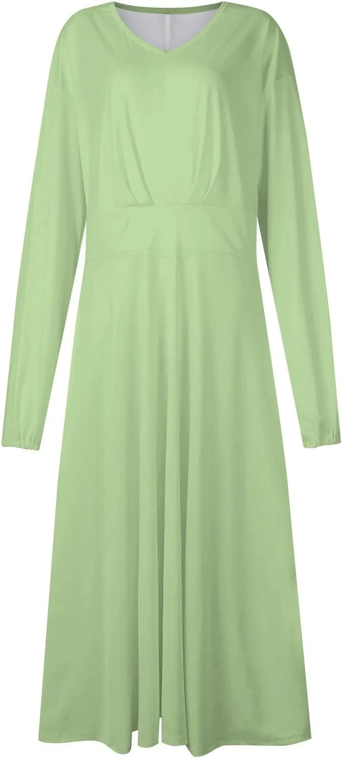 Spring Dresses for Women 2025,Women's 2025 Midi Dress Casual Long Sleeve V Neck Solid Color A Line Flowy Dresses