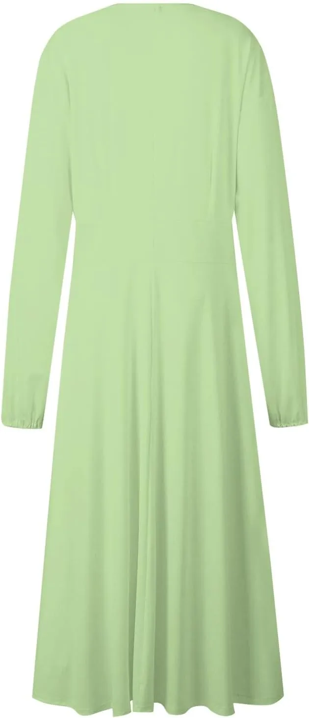 Spring Dresses for Women 2025,Women's 2025 Midi Dress Casual Long Sleeve V Neck Solid Color A Line Flowy Dresses