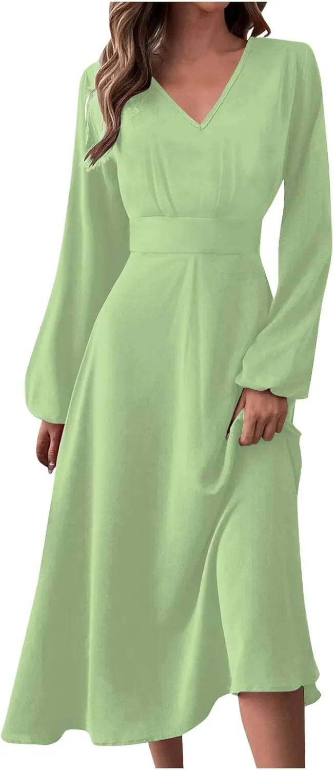 Spring Dresses for Women 2025,Women's 2025 Midi Dress Casual Long Sleeve V Neck Solid Color A Line Flowy Dresses