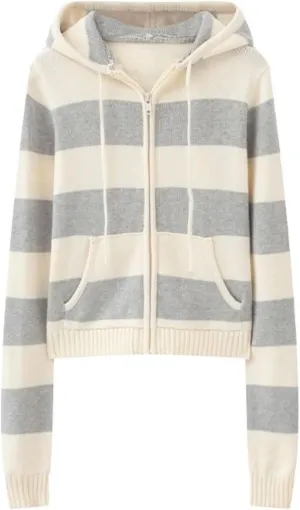 Striped Cropped Zip Up Hoodie Y2k Knit Sweater Cardigan Women Teen Knit Jackets Preppy Grunge Emo Streetwear