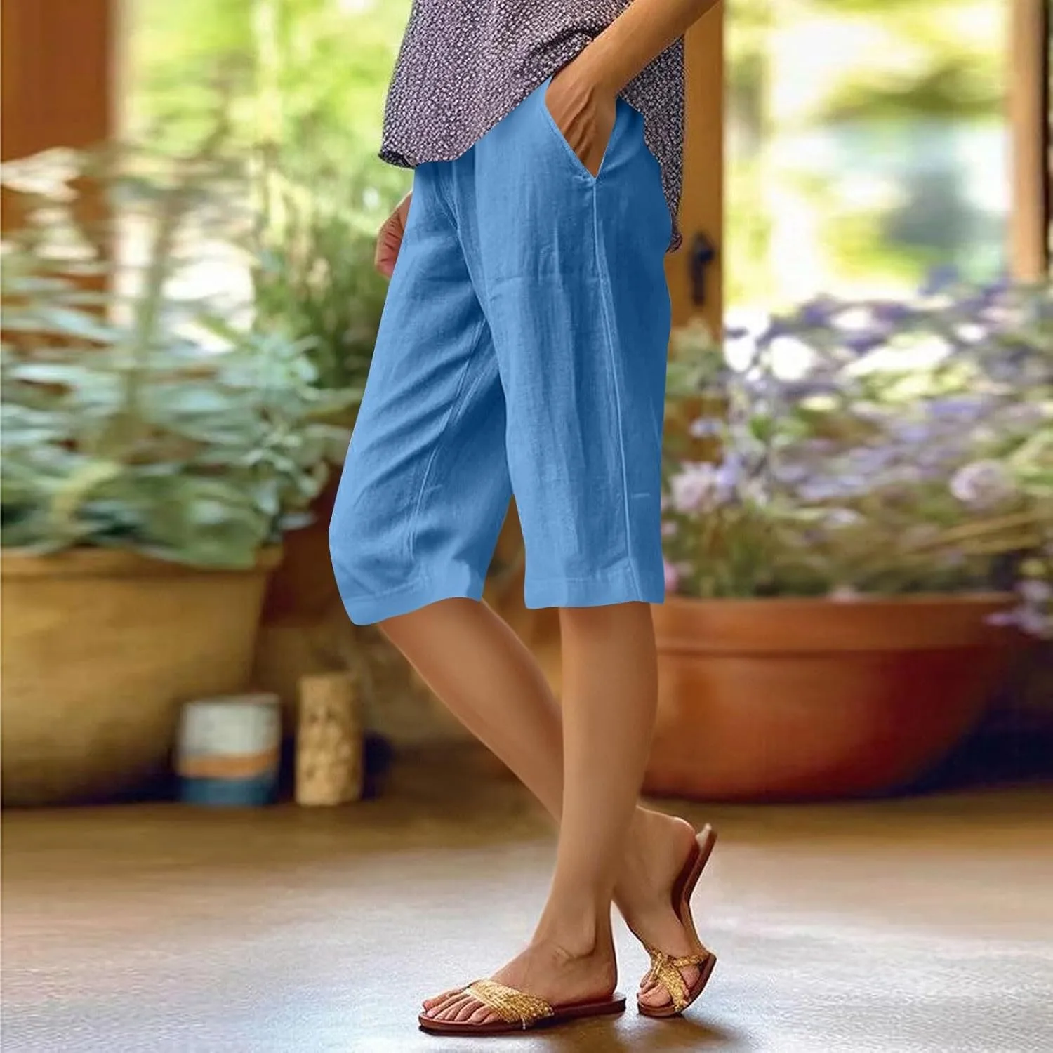 Summer Bermuda Shorts for Women Knee Length 2024 Trendy Linen Shorts Lightweight Casual Beach Short Pants w/Pockets