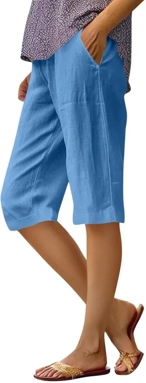 Summer Bermuda Shorts for Women Knee Length 2024 Trendy Linen Shorts Lightweight Casual Beach Short Pants w/Pockets