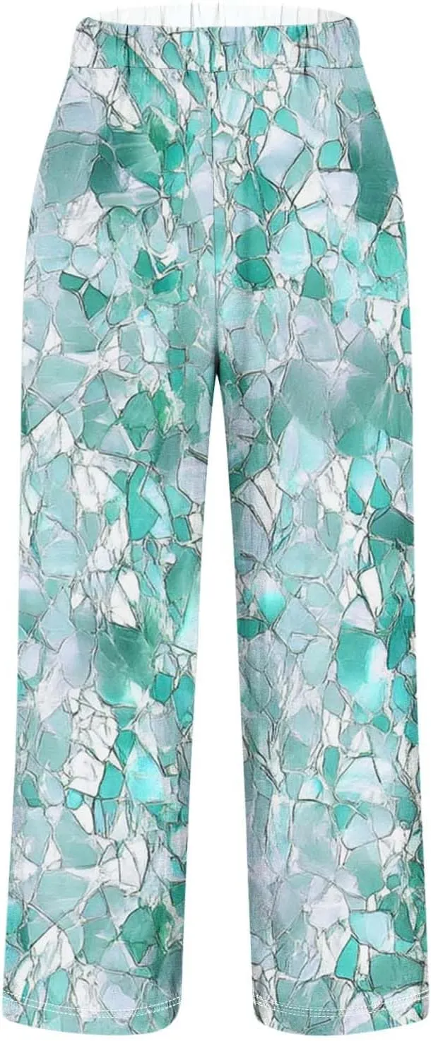 Summer Boho Cotton Linen Casual Pants for Women, Fashion Print Baggy Palazzo Pants Elastic Waist Pockets Trousers