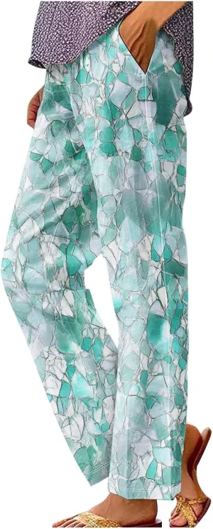 Summer Boho Cotton Linen Casual Pants for Women, Fashion Print Baggy Palazzo Pants Elastic Waist Pockets Trousers