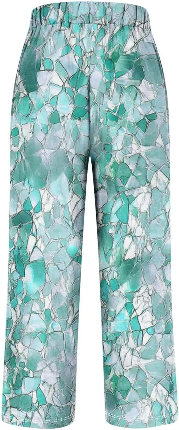 Summer Boho Cotton Linen Casual Pants for Women, Fashion Print Baggy Palazzo Pants Elastic Waist Pockets Trousers