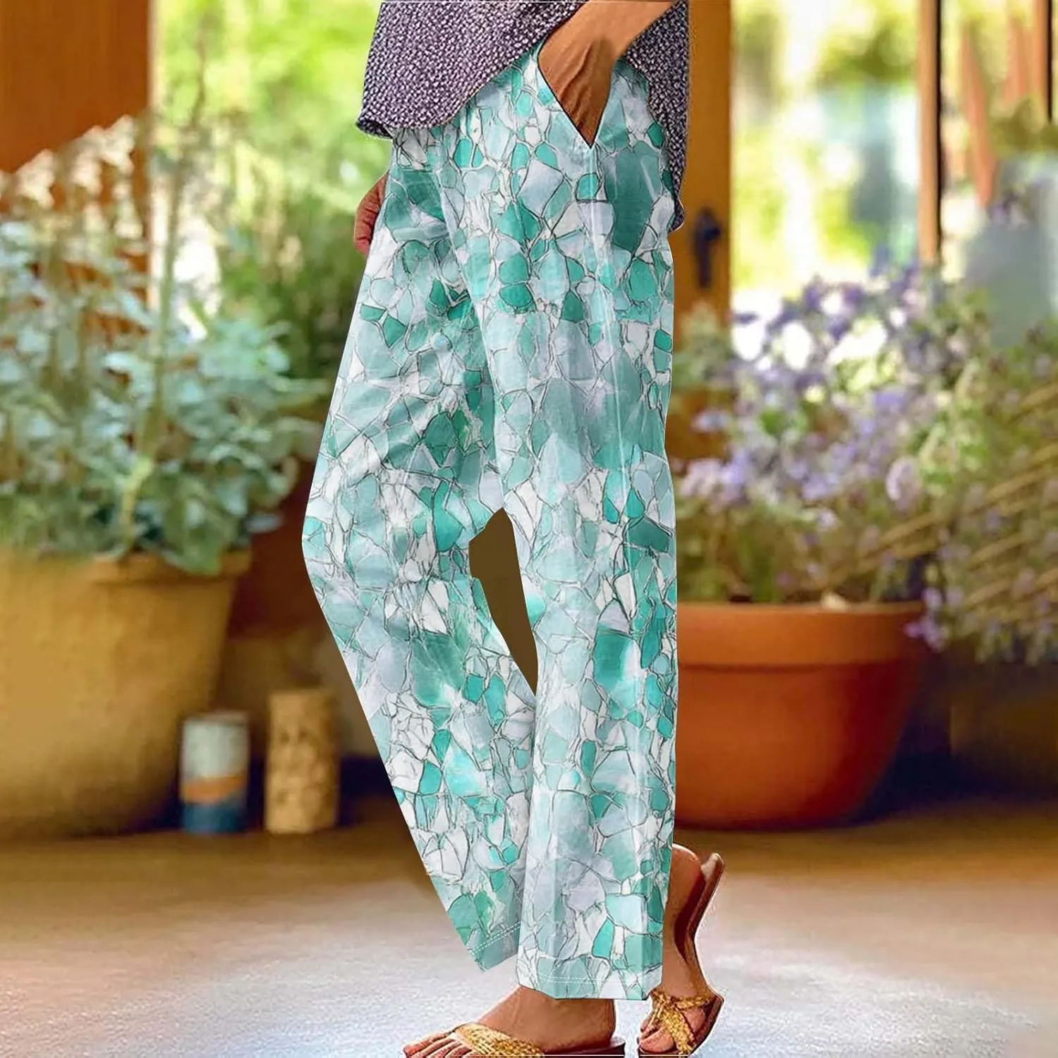 Summer Boho Cotton Linen Casual Pants for Women, Fashion Print Baggy Palazzo Pants Elastic Waist Pockets Trousers