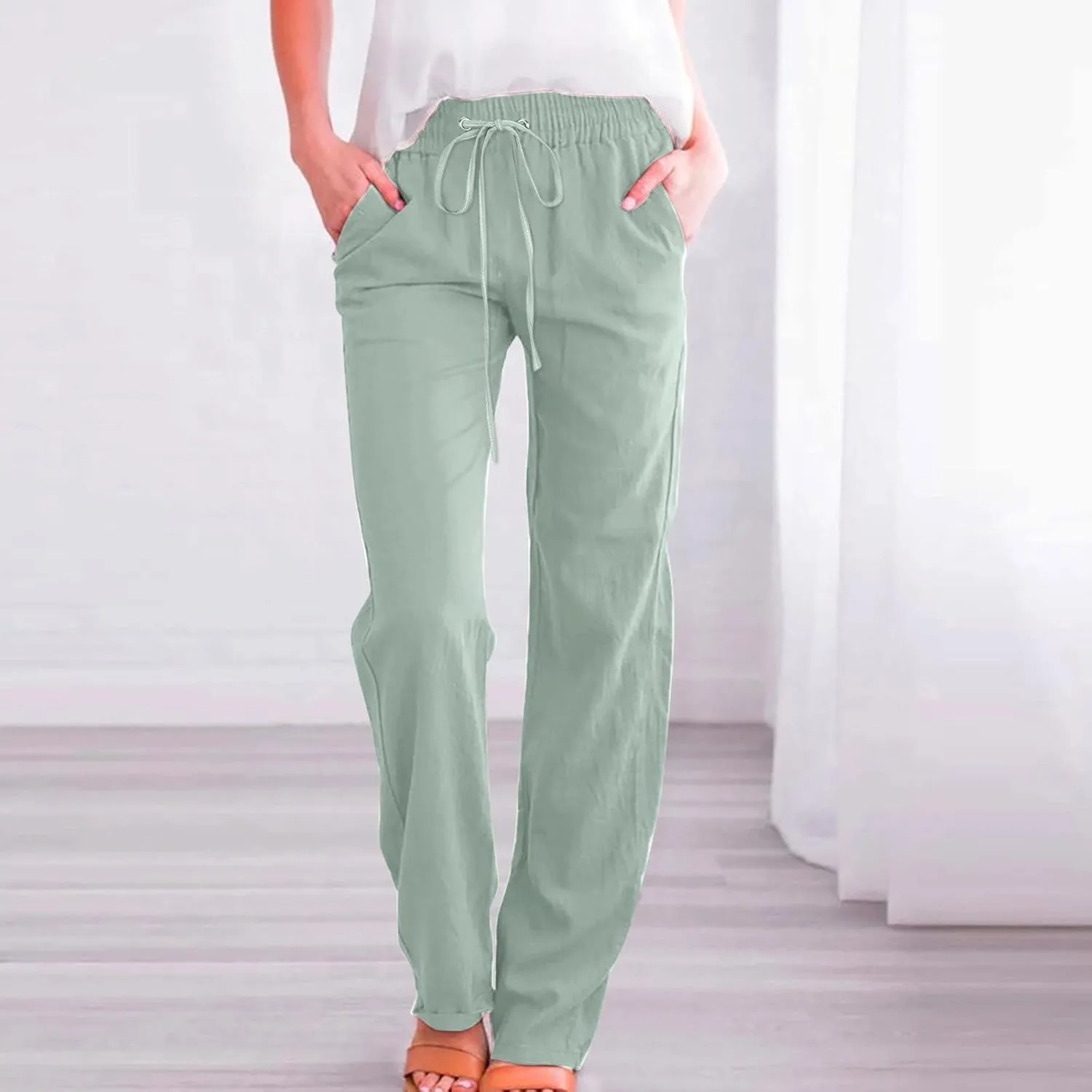 Summer Linen Pants for Women Lightweight Relax Fit Elastic Waist Solid Lounge Long Pants Trendy Beach Boho Trousers