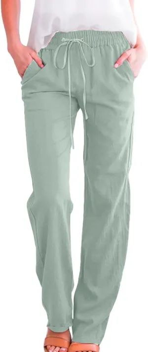 Summer Linen Pants for Women Lightweight Relax Fit Elastic Waist Solid Lounge Long Pants Trendy Beach Boho Trousers