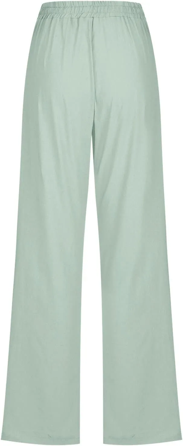 Summer Linen Pants for Women Lightweight Relax Fit Elastic Waist Solid Lounge Long Pants Trendy Beach Boho Trousers