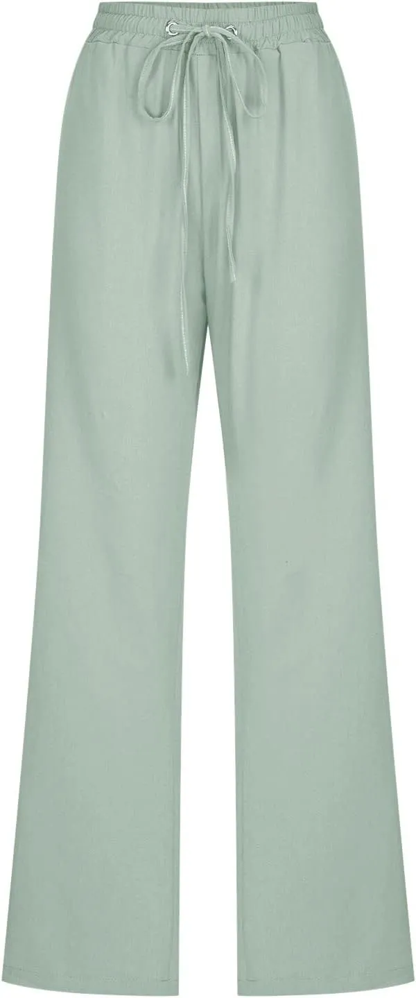Summer Linen Pants for Women Lightweight Relax Fit Elastic Waist Solid Lounge Long Pants Trendy Beach Boho Trousers