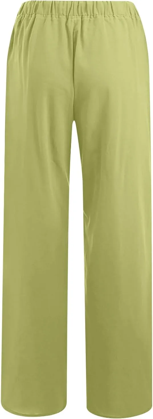 Summer Pants for Women 2025 Casual Loose Cotton Linen Pants Wide Leg Drawstring Elastic Waist Trousers with Pockets