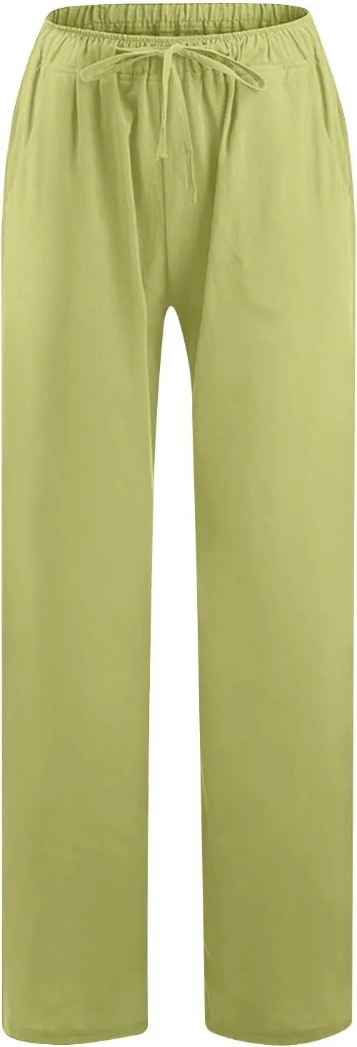 Summer Pants for Women 2025 Casual Loose Cotton Linen Pants Wide Leg Drawstring Elastic Waist Trousers with Pockets