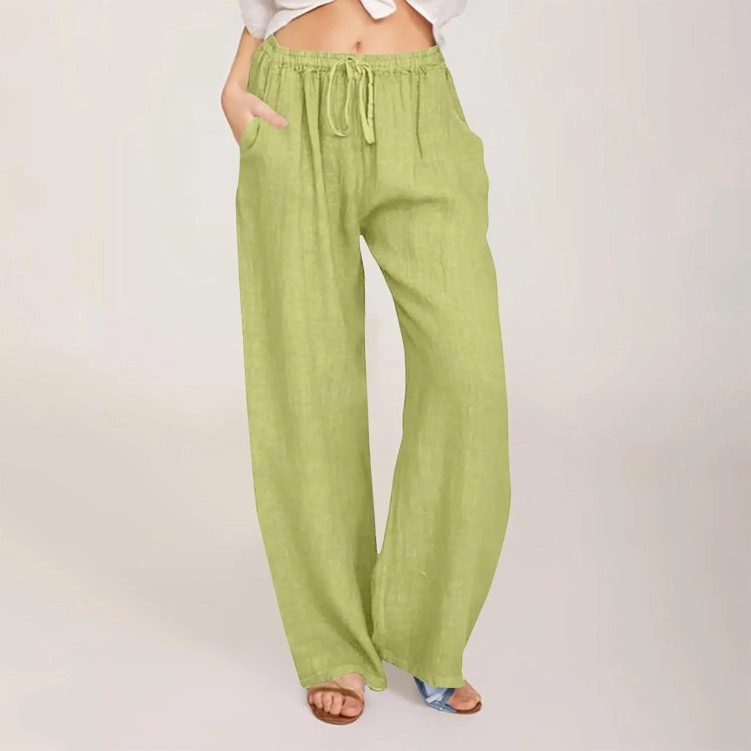 Summer Pants for Women 2025 Casual Loose Cotton Linen Pants Wide Leg Drawstring Elastic Waist Trousers with Pockets