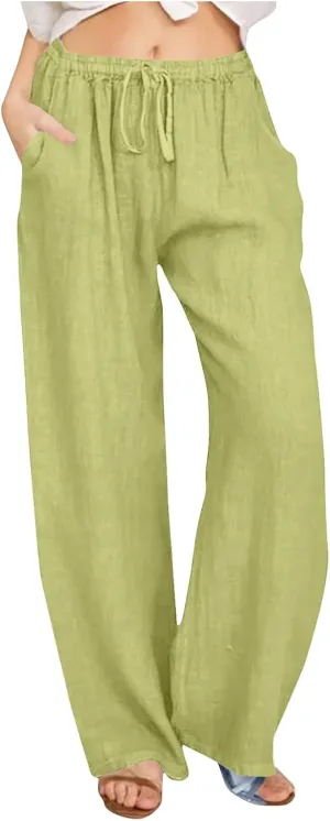 Summer Pants for Women 2025 Casual Loose Cotton Linen Pants Wide Leg Drawstring Elastic Waist Trousers with Pockets