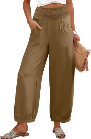 Summer Pants for Women Tall Wide Leg Summer Linen Pants Elastic Waist Loose Fit Baggy Palazzo Trousers with Pockets