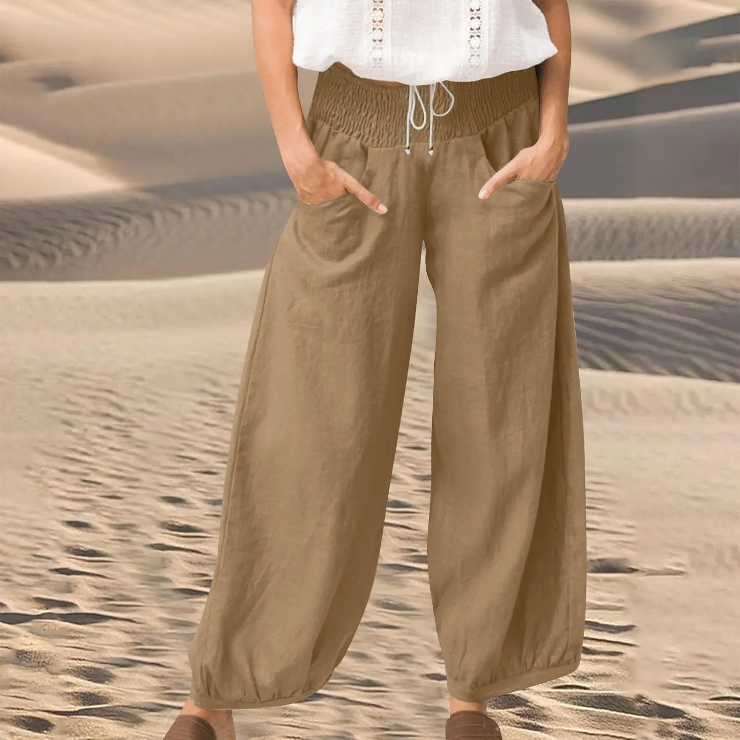 Summer Pants for Women Tall Wide Leg Summer Linen Pants Elastic Waist Loose Fit Baggy Palazzo Trousers with Pockets