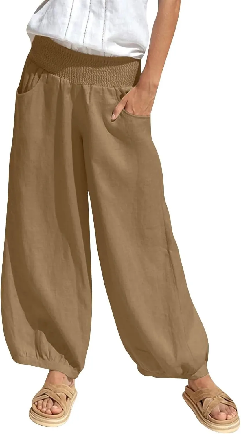 Summer Pants for Women Tall Wide Leg Summer Linen Pants Elastic Waist Loose Fit Baggy Palazzo Trousers with Pockets