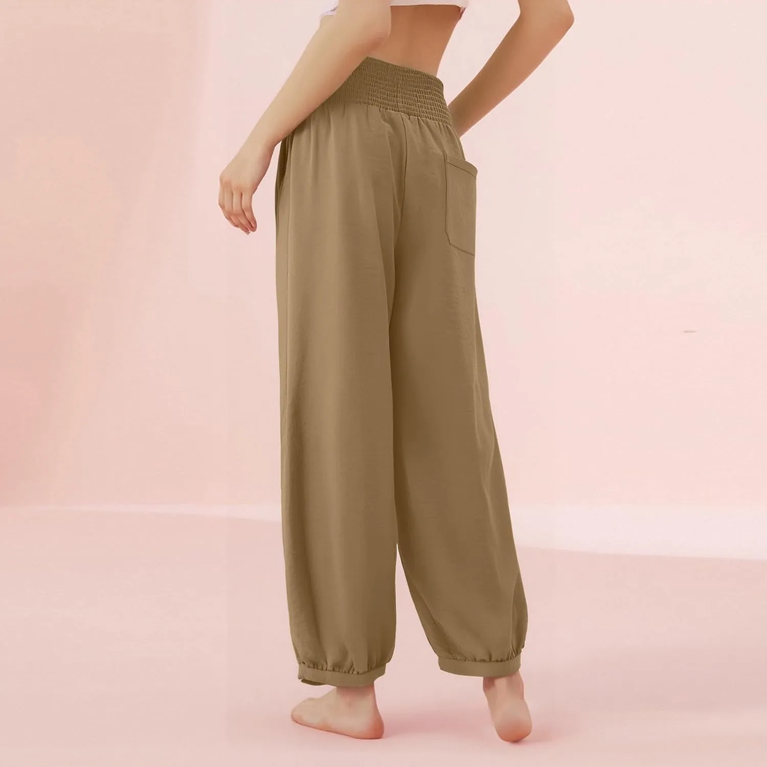 Summer Pants for Women Tall Wide Leg Summer Linen Pants Elastic Waist Loose Fit Baggy Palazzo Trousers with Pockets