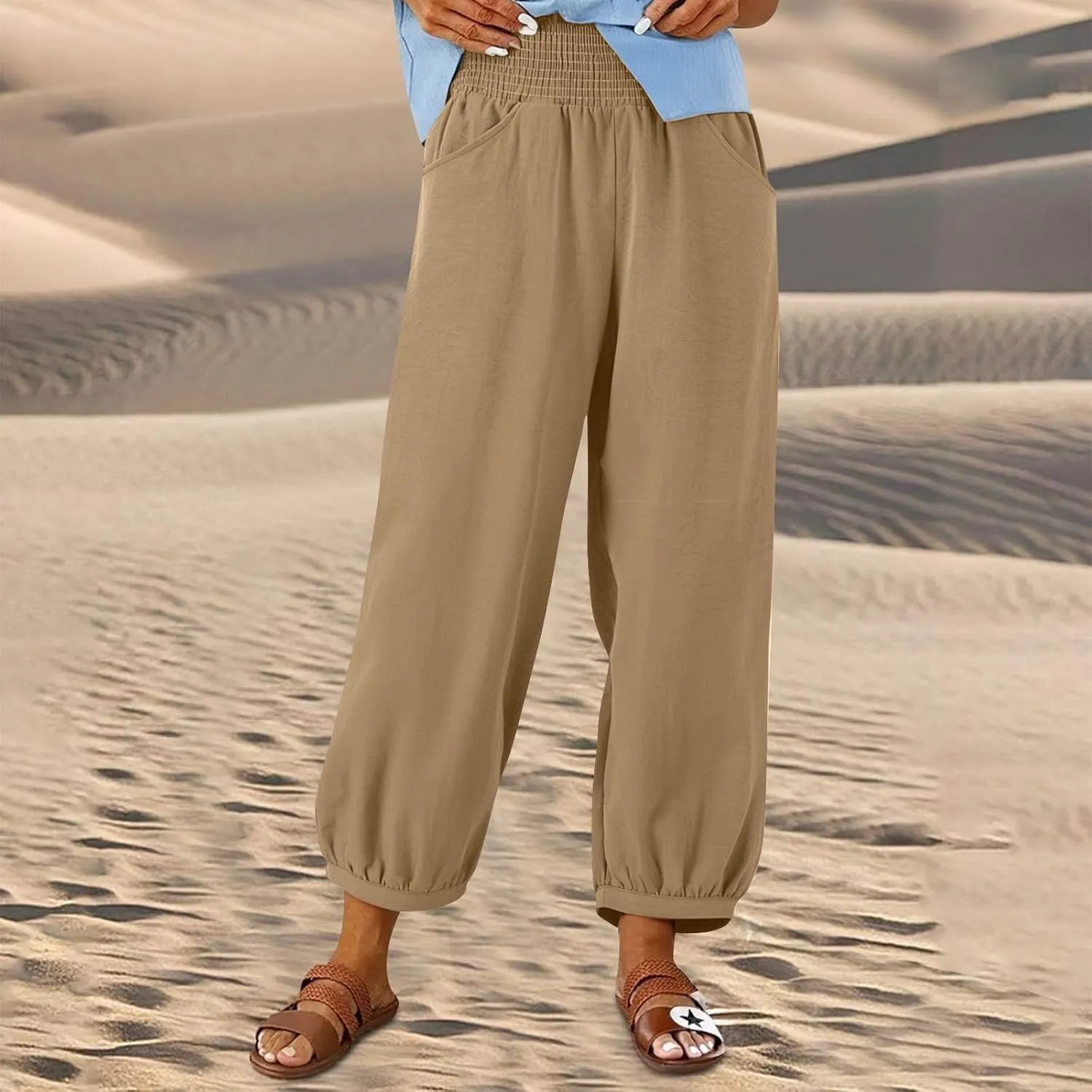 Summer Pants for Women Tall Wide Leg Summer Linen Pants Elastic Waist Loose Fit Baggy Palazzo Trousers with Pockets