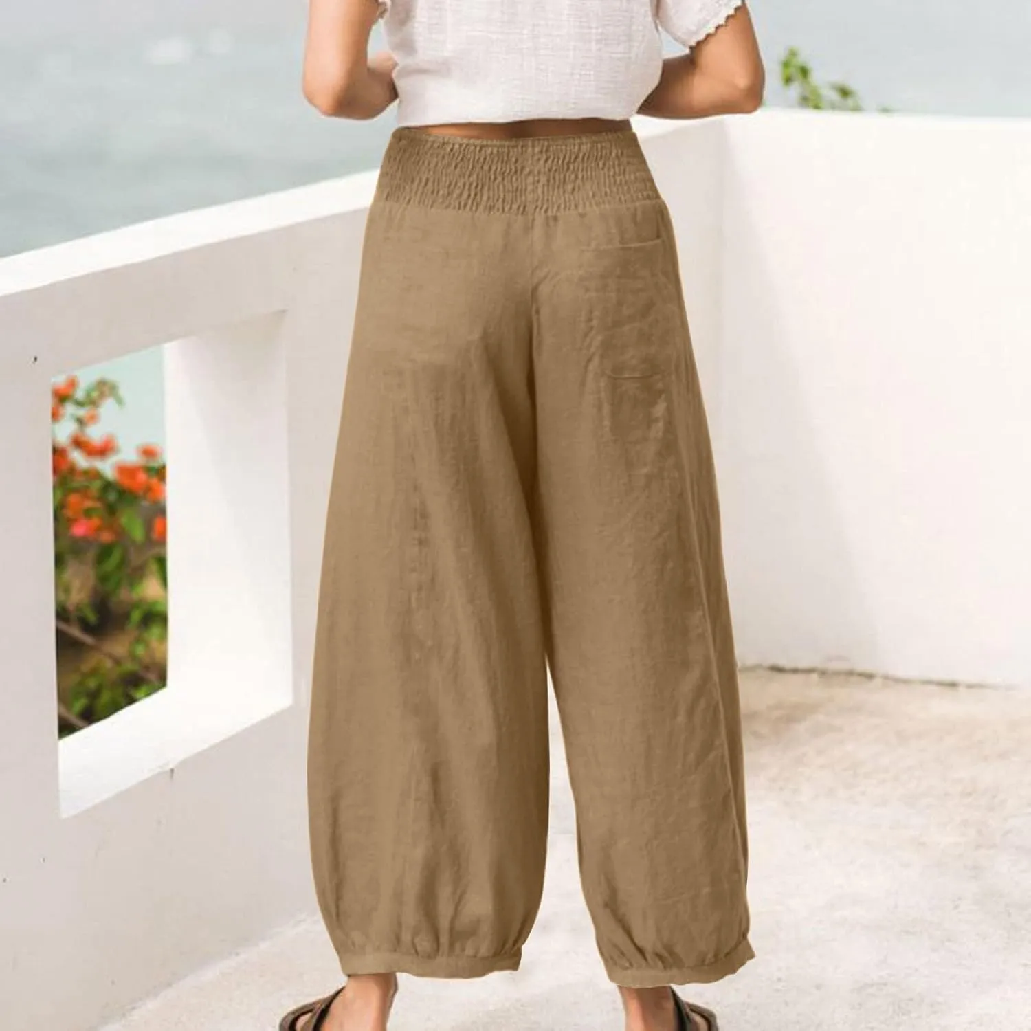 Summer Pants for Women Tall Wide Leg Summer Linen Pants Elastic Waist Loose Fit Baggy Palazzo Trousers with Pockets