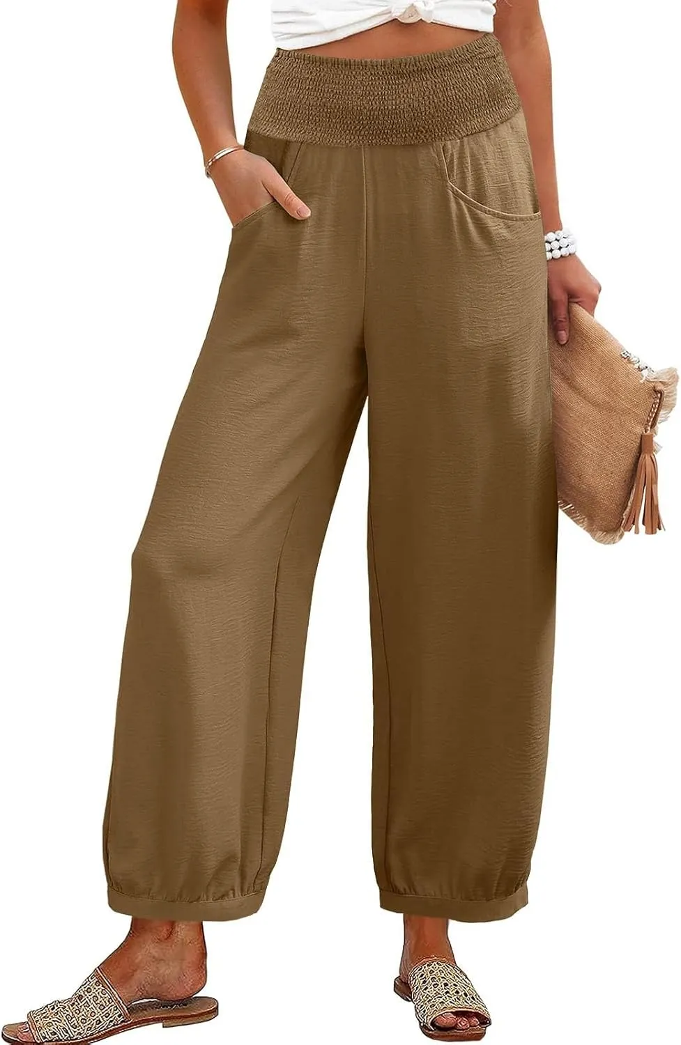 Summer Pants for Women Tall Wide Leg Summer Linen Pants Elastic Waist Loose Fit Baggy Palazzo Trousers with Pockets