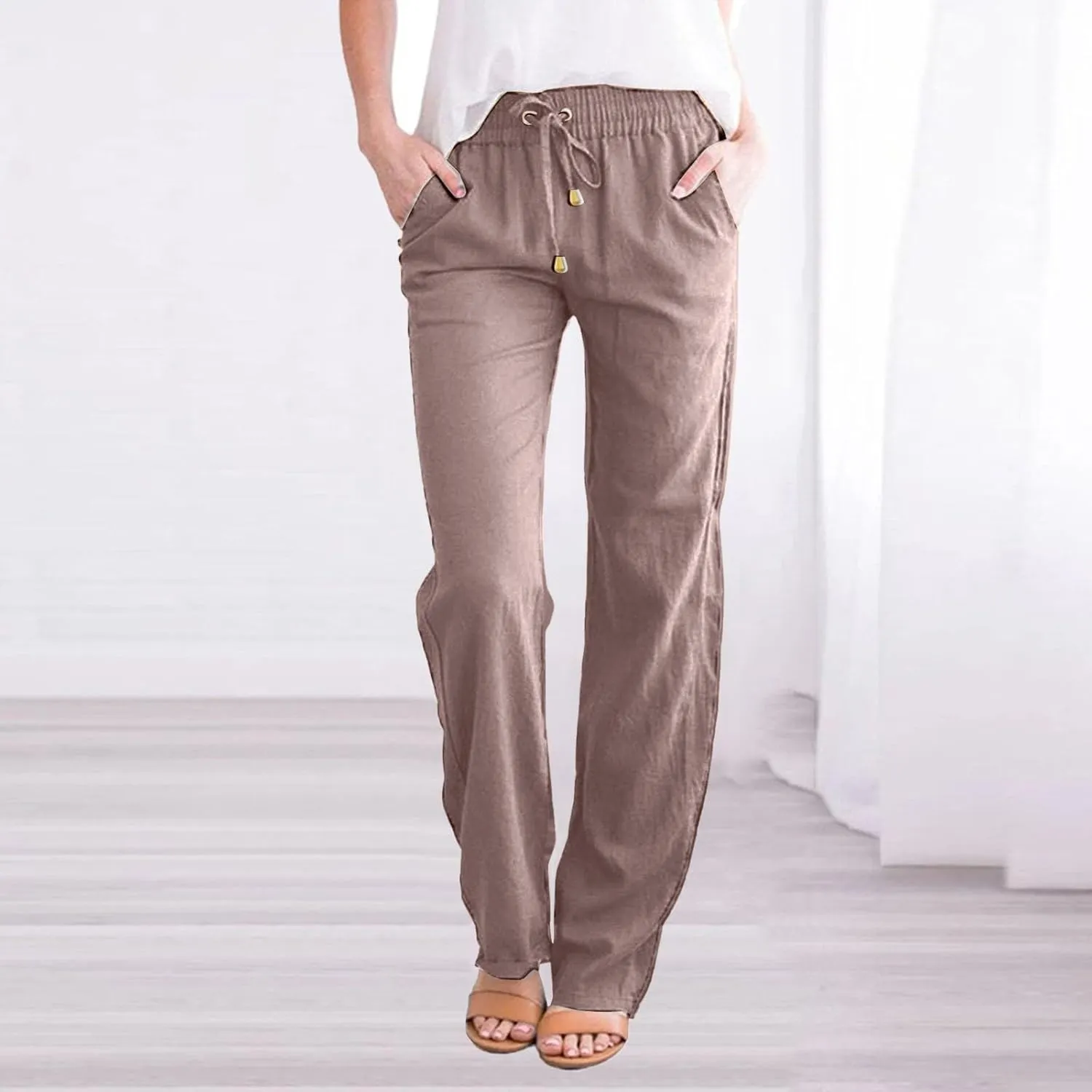 Summer Womens Linen Pants Cotton Wide Leg Casual Loose Drawstring High Waist Palazzo Pants Trousers with Pockets