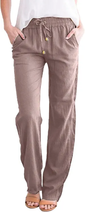 Summer Womens Linen Pants Cotton Wide Leg Casual Loose Drawstring High Waist Palazzo Pants Trousers with Pockets