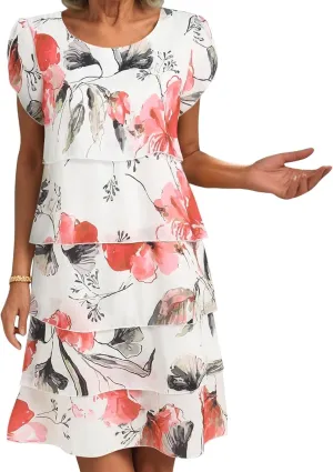Sundresses for Women 2025 Vacation Floral Boho Summer Dress Short Sleeve Layered Ruffle A Line Wedding Guest Dresses