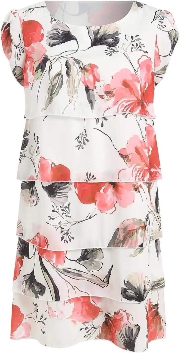 Sundresses for Women 2025 Vacation Floral Boho Summer Dress Short Sleeve Layered Ruffle A Line Wedding Guest Dresses
