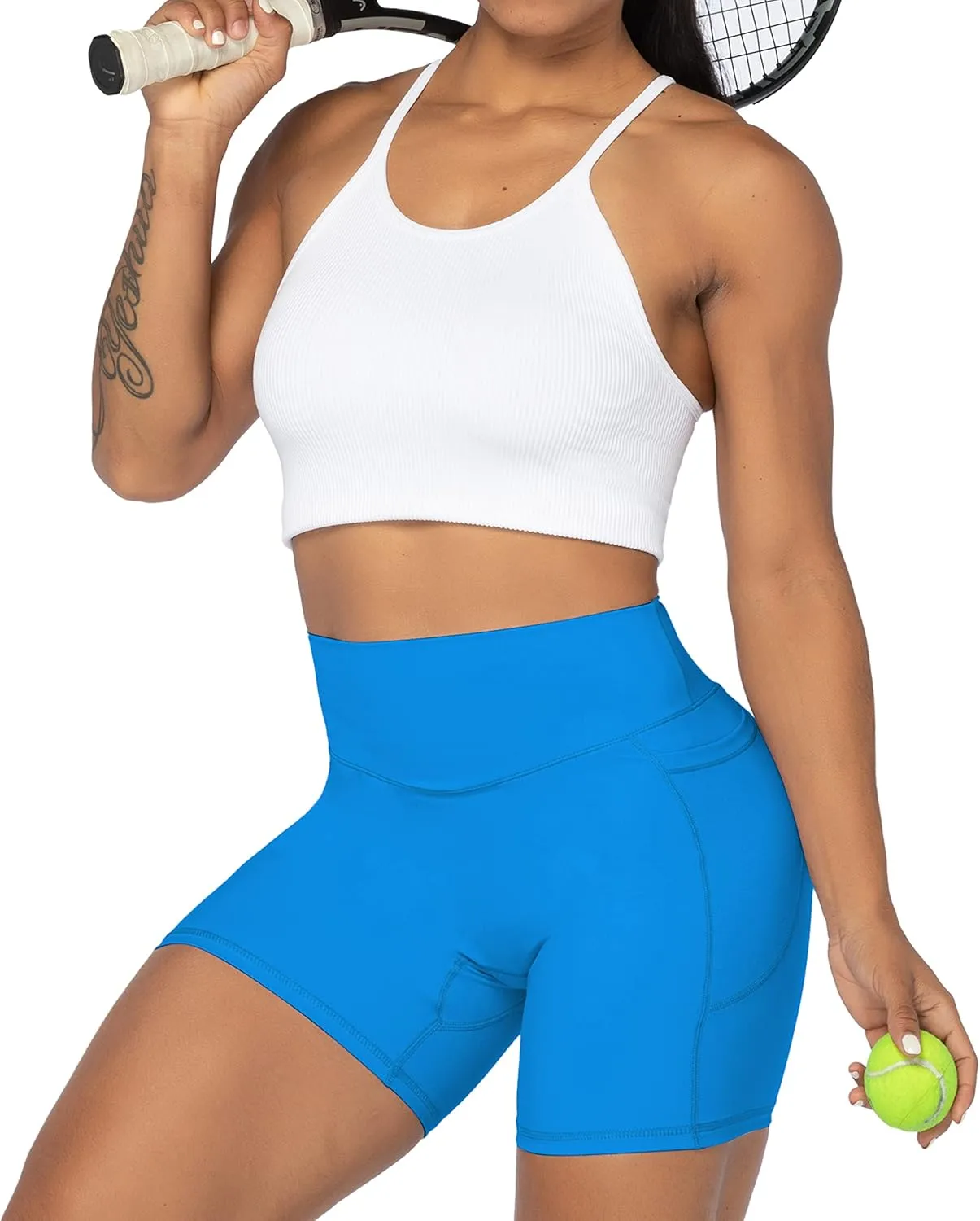 Sunzel No Front Seam Biker Shorts for Women with Pockets, Yoga Workout Gym Bike Shorts with Tummy Control