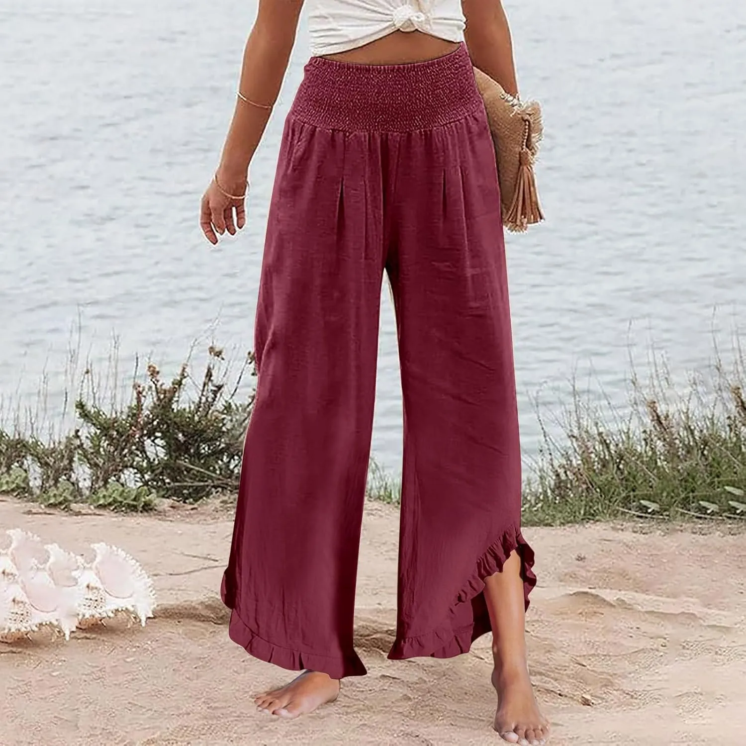Sweatpants Women,Linen Summer Pants for Women Trendy 2025 Elastic High Waisted Wide Leg Womens Capris with Pockets