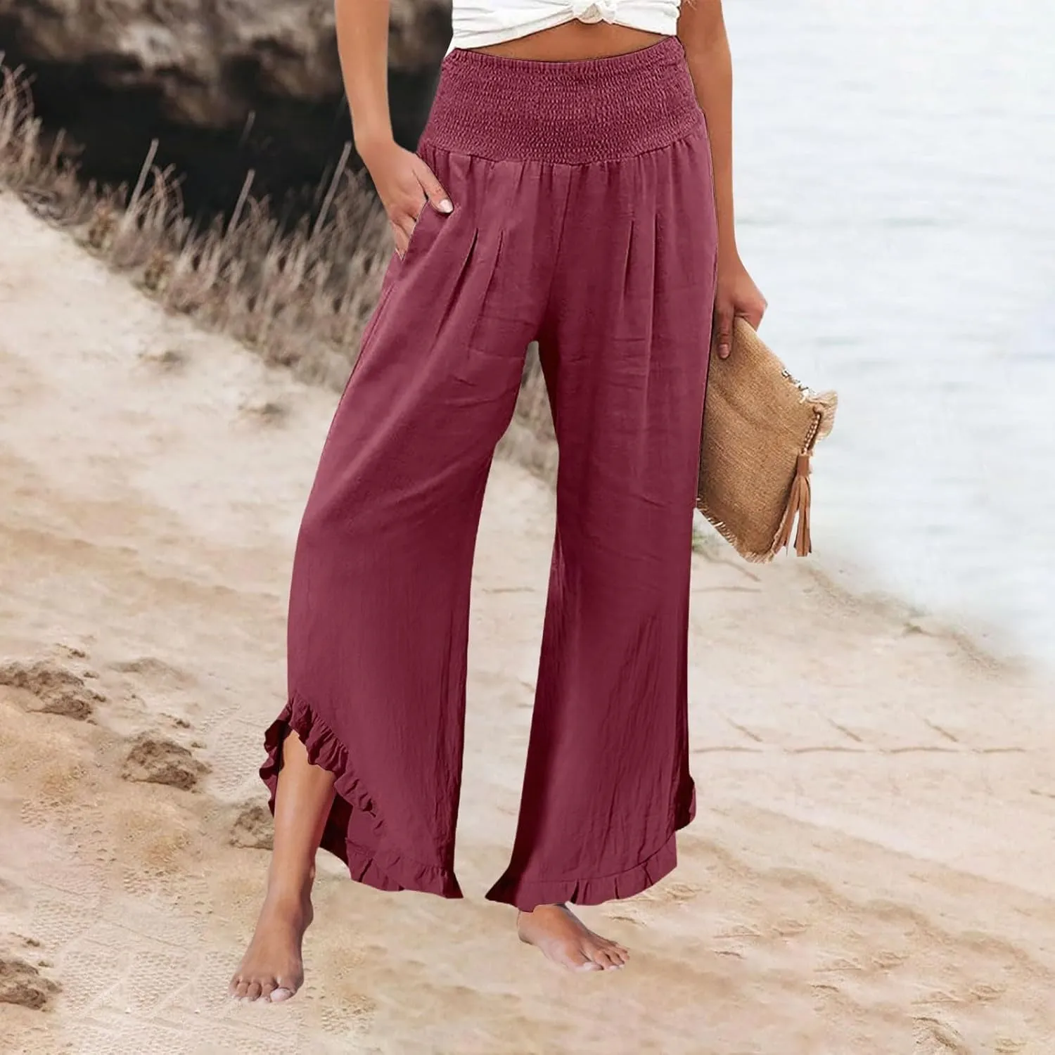 Sweatpants Women,Linen Summer Pants for Women Trendy 2025 Elastic High Waisted Wide Leg Womens Capris with Pockets