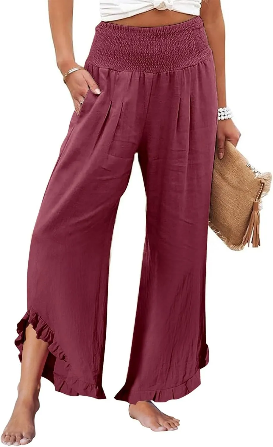 Sweatpants Women,Linen Summer Pants for Women Trendy 2025 Elastic High Waisted Wide Leg Womens Capris with Pockets