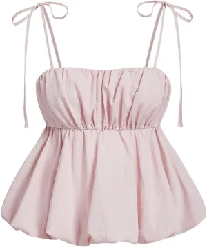 SweatyRocks Women's Ruffle Camisole Top Tie Shoulder Ruched Smocked Sleeveless Balloon Tops