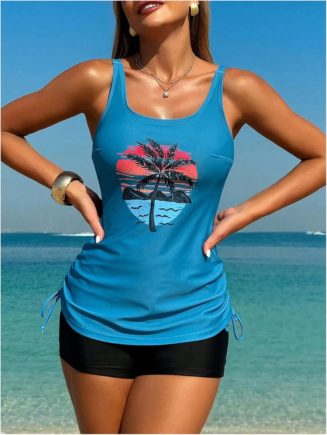 SweatyRocks Women's Tropical Print Tankini Swimsuit Drawstring Swim Top with Boyshorts Beachwear