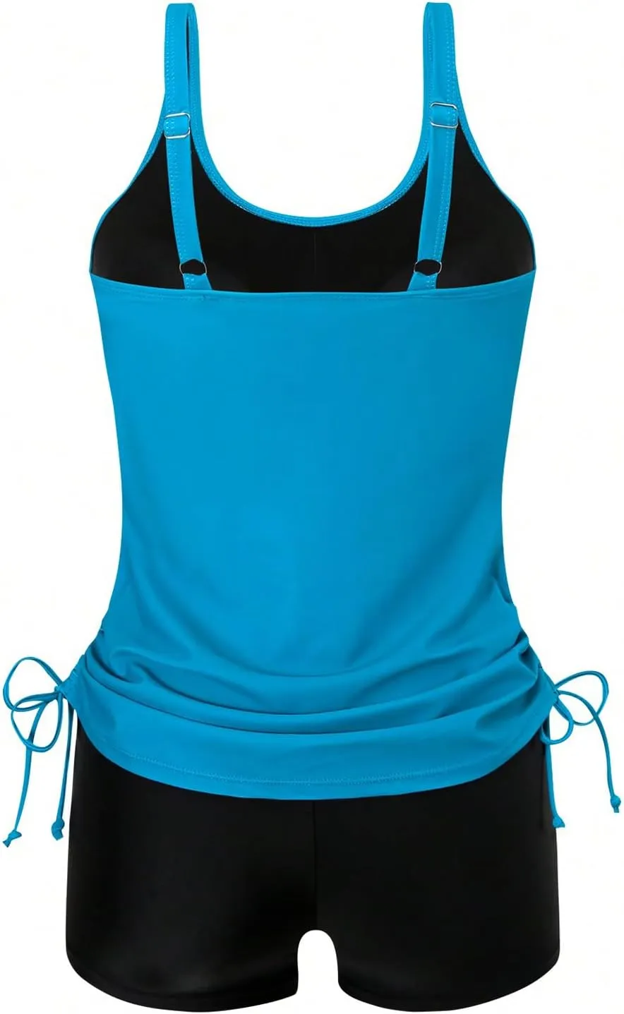 SweatyRocks Women's Tropical Print Tankini Swimsuit Drawstring Swim Top with Boyshorts Beachwear