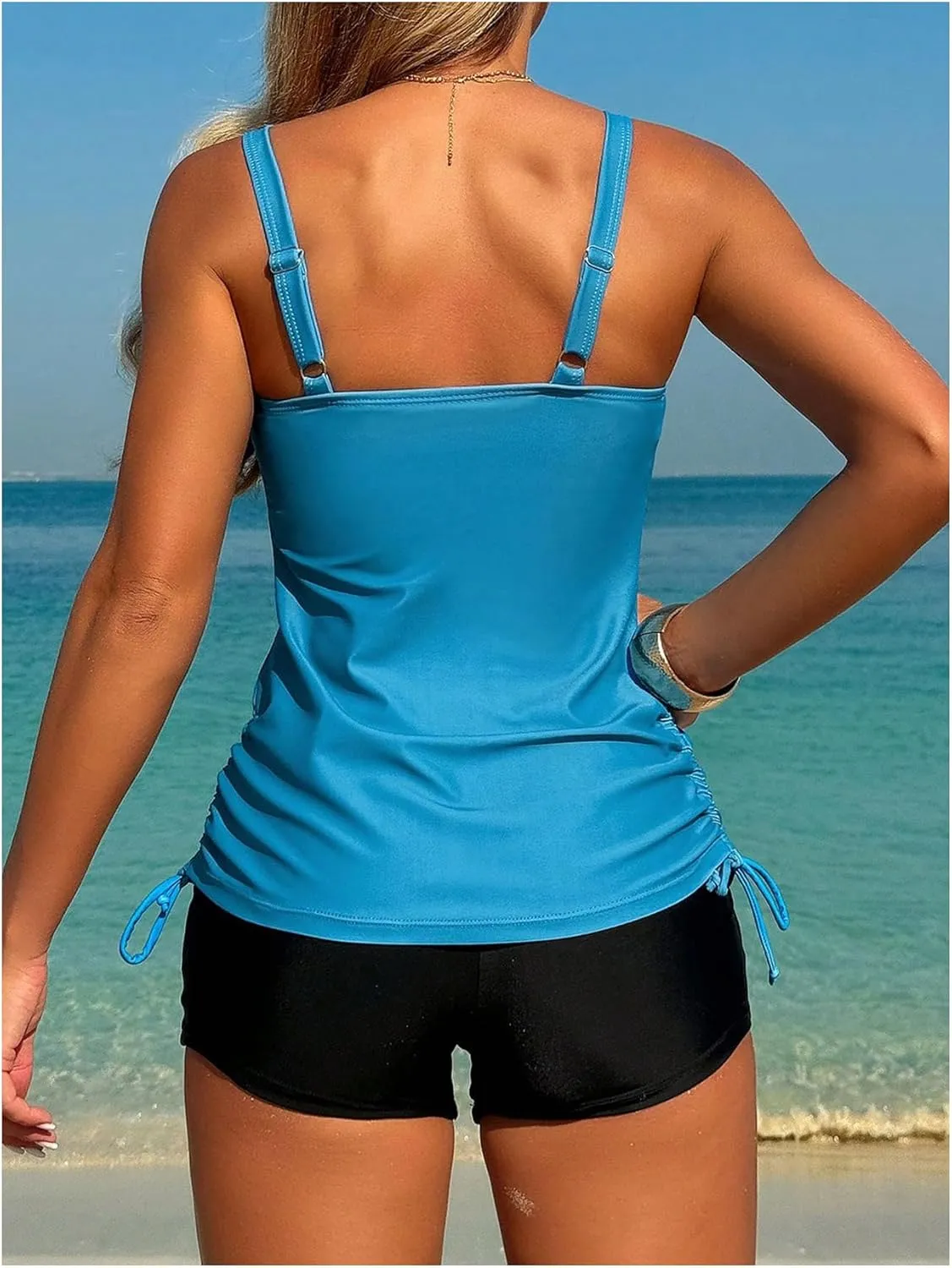SweatyRocks Women's Tropical Print Tankini Swimsuit Drawstring Swim Top with Boyshorts Beachwear