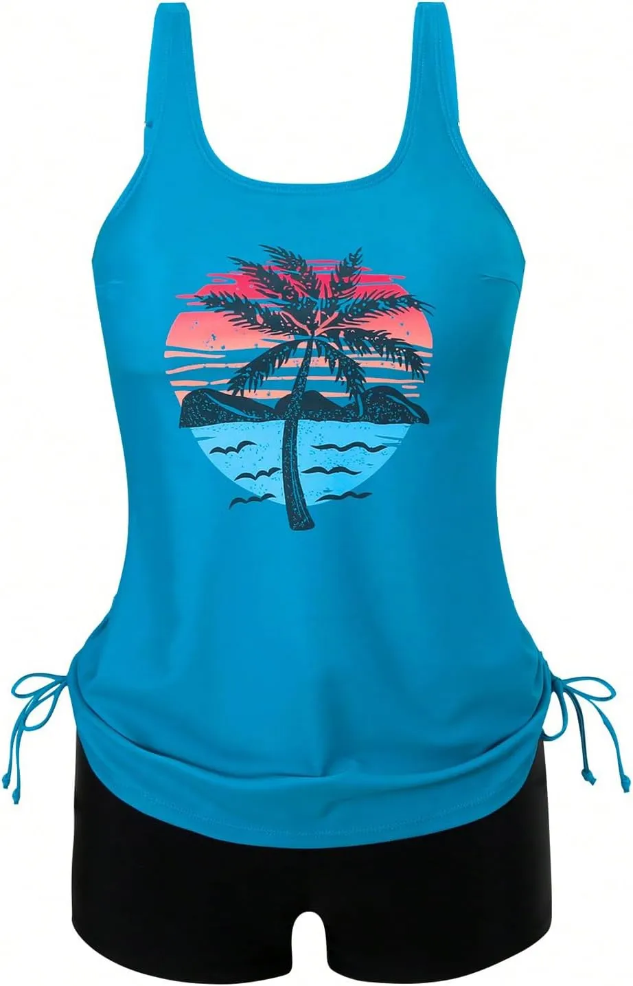 SweatyRocks Women's Tropical Print Tankini Swimsuit Drawstring Swim Top with Boyshorts Beachwear