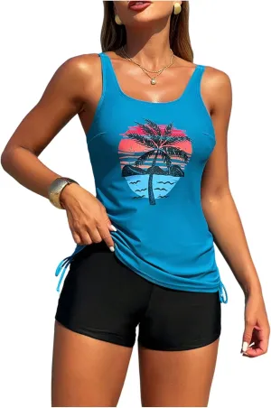 SweatyRocks Women's Tropical Print Tankini Swimsuit Drawstring Swim Top with Boyshorts Beachwear