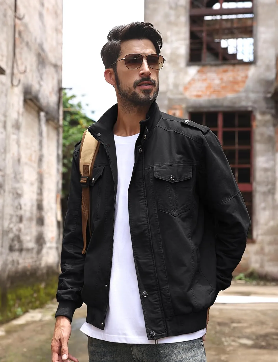TACVASEN Men's Military Lightweight Jacket Army Cargo Windbreaker Zip Front Stand Collar Cotton Jackets with Multi Pockets