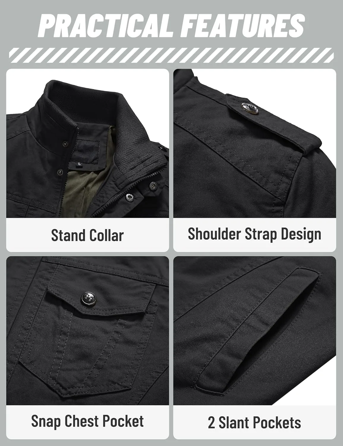 TACVASEN Men's Military Lightweight Jacket Army Cargo Windbreaker Zip Front Stand Collar Cotton Jackets with Multi Pockets