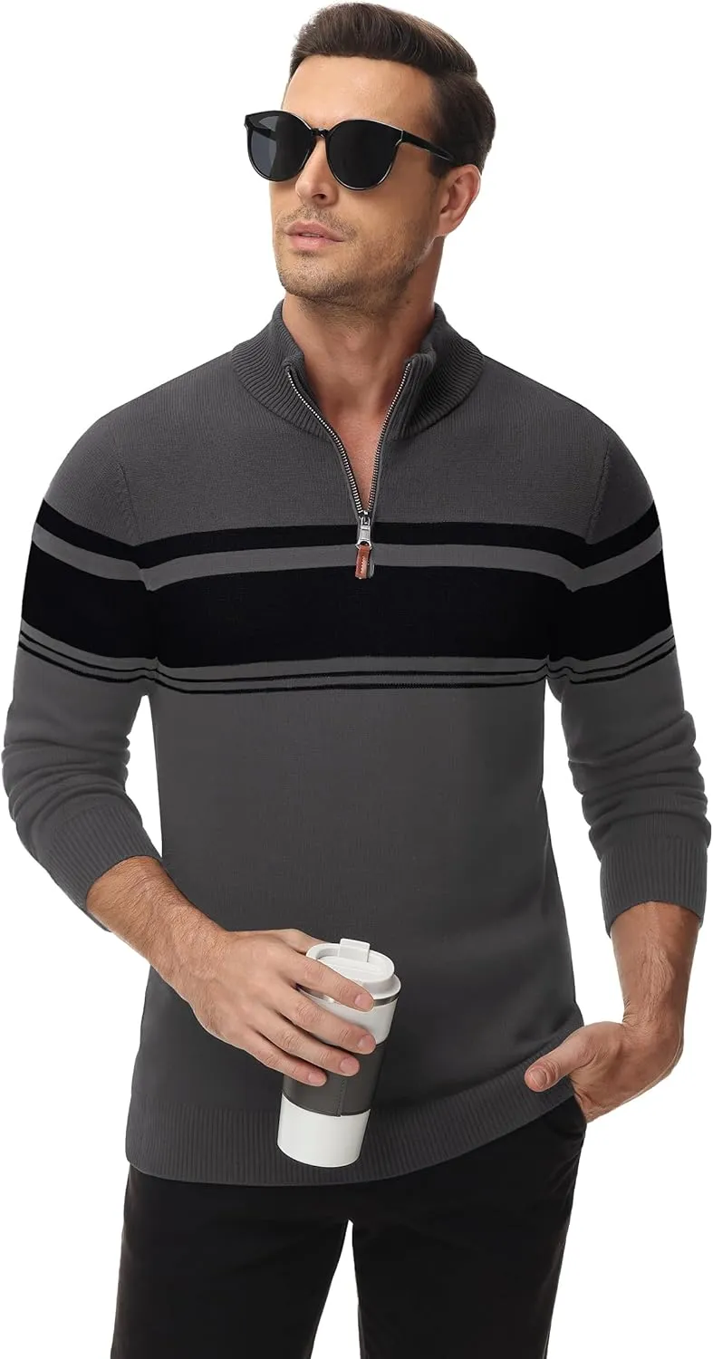 TACVASEN Mens Sweater Quarter Zip Pullover Cotton Long Sleeve Sweaters Striped Causal Pullovers Fall Winter Sweatshirt