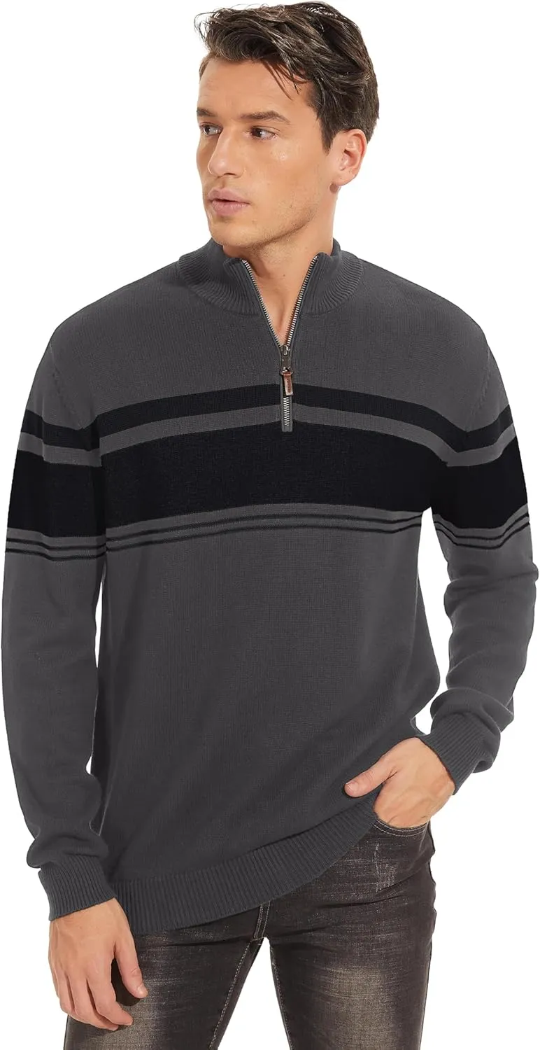 TACVASEN Mens Sweater Quarter Zip Pullover Cotton Long Sleeve Sweaters Striped Causal Pullovers Fall Winter Sweatshirt