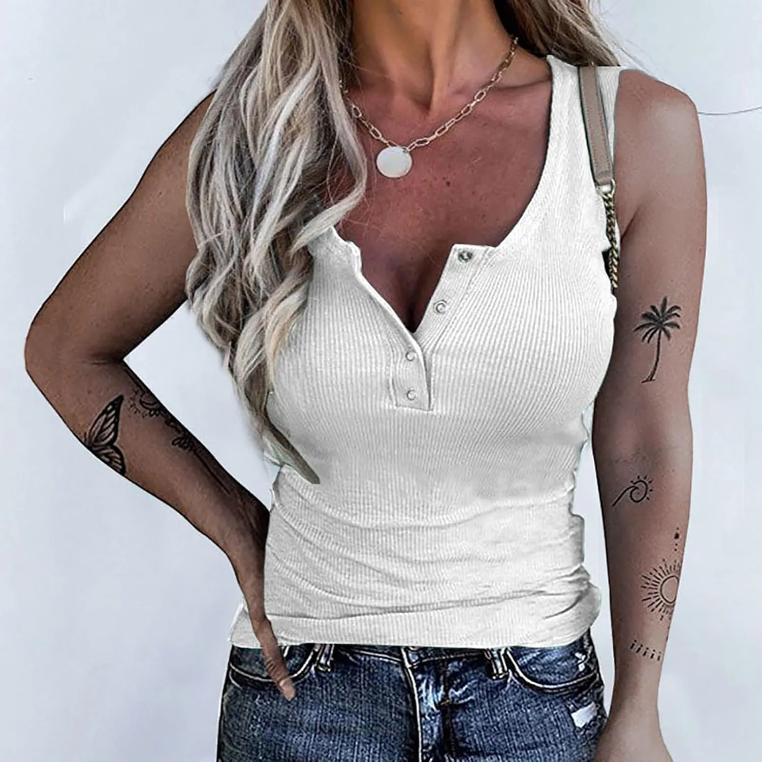 Tank Tops for Women Summer Casual Cropped Ribbed Sleeveless Camisole Tops Button V Neck Henley Shirt Clothes 2025