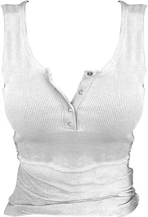 Tank Tops for Women Summer Casual Cropped Ribbed Sleeveless Camisole Tops Button V Neck Henley Shirt Clothes 2025