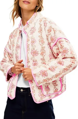 Tankaneo Womens Quilted Lightweight Jackets Floral Print Winter Coats Open Front Cardigan with Pockets