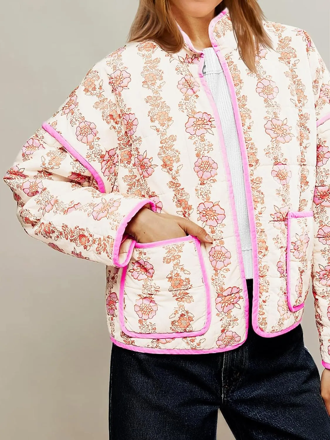 Tankaneo Womens Quilted Lightweight Jackets Floral Print Winter Coats Open Front Cardigan with Pockets