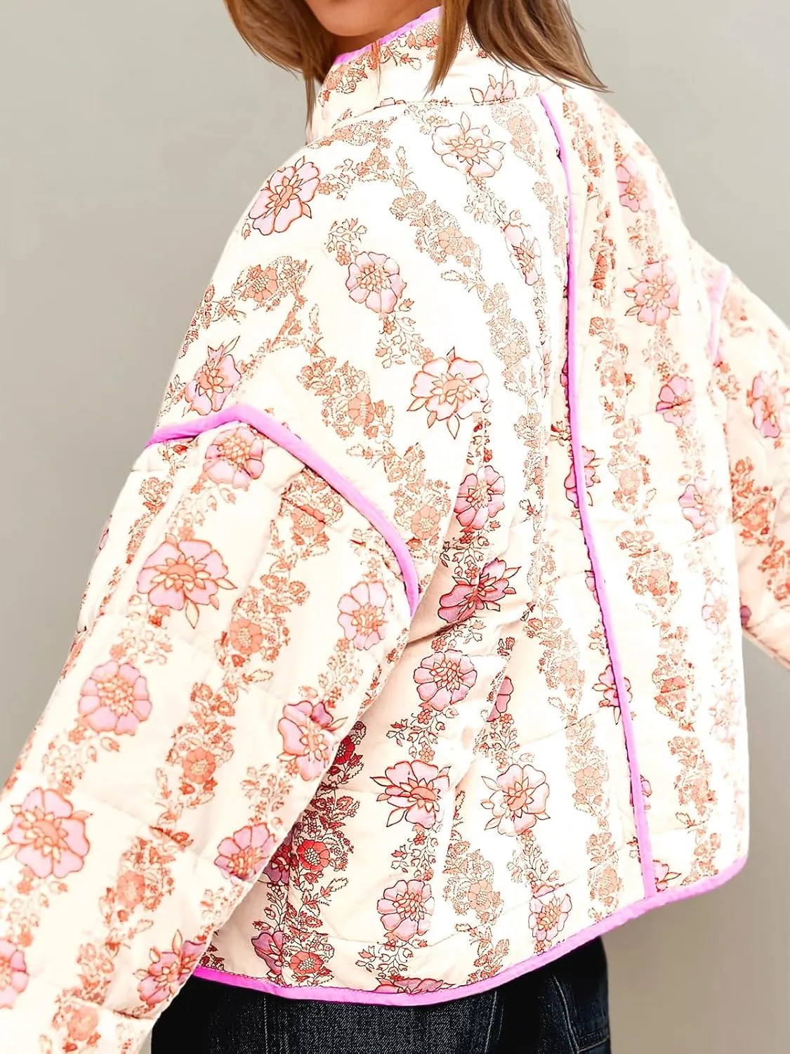 Tankaneo Womens Quilted Lightweight Jackets Floral Print Winter Coats Open Front Cardigan with Pockets