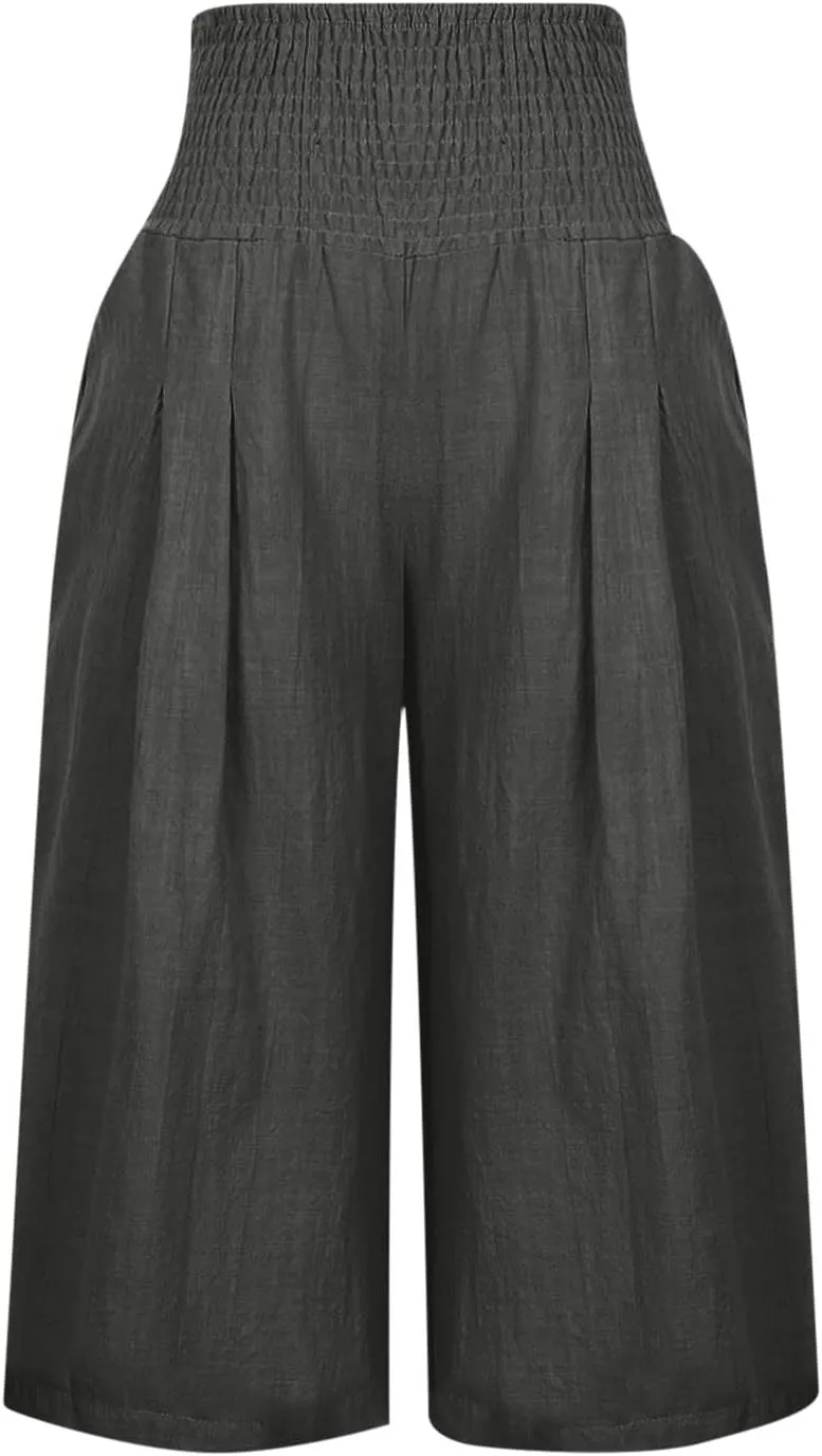 TARIENDY 2025 Summer Capri Pants for Women Cotton Linen Pants Beach Casual High Waisted Pants Wide Leg Elastic Waist Capris