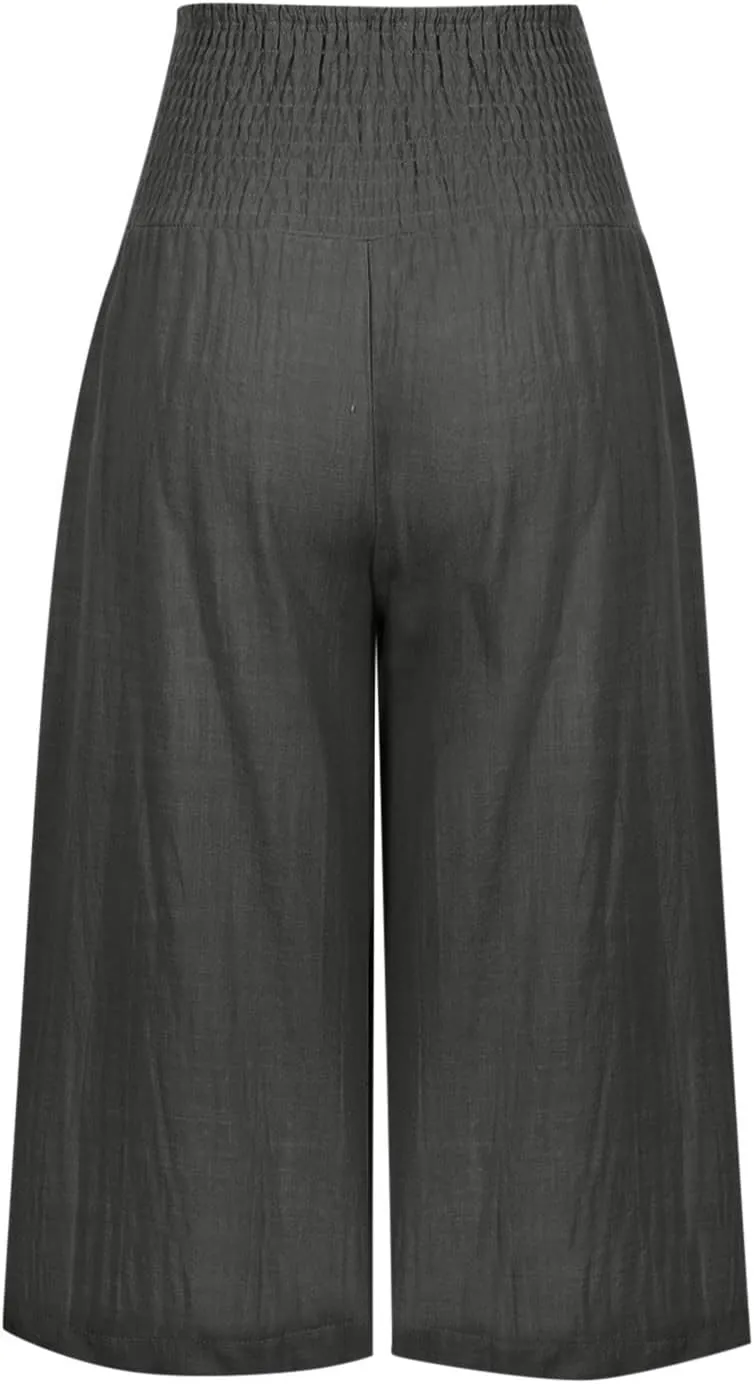 TARIENDY 2025 Summer Capri Pants for Women Cotton Linen Pants Beach Casual High Waisted Pants Wide Leg Elastic Waist Capris